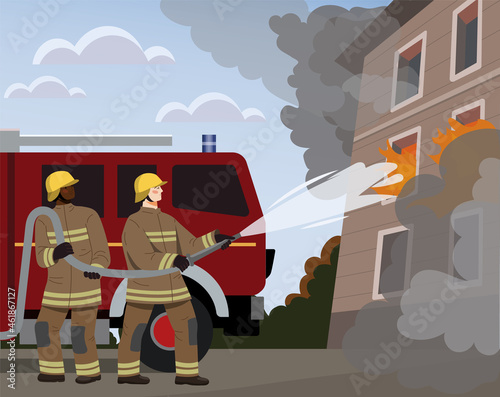 Fireman put out house fire concept. Men in protective clothing extinguish flames with water. Saving lives or dangerous profession. Cartoon flat vector illustration isolated on colorful background