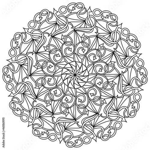 Fantasy mandala of arrows and curls  meditative coloring page with ornate patterns