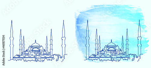 Sultanahmet camii Blue Mosque Hand drawing mosque watercolor vector sketch drawing