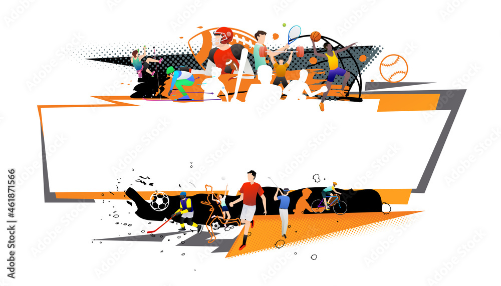Vector illustration of sports abstract background design with sport players  in different activities. football, basketball, baseball, badminton, tennis,  rugby, bicycling Stock Vector | Adobe Stock