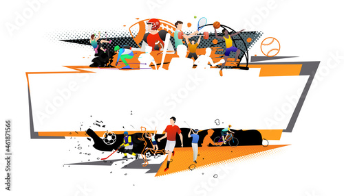 Vector illustration of sports abstract background design with sport players in different activities. football, basketball, baseball, badminton, tennis, rugby, bicycling