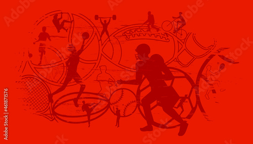 Vector illustration of sports abstract background design with sport players in different activities. football, basketball, baseball, badminton, tennis, rugby, bicycling