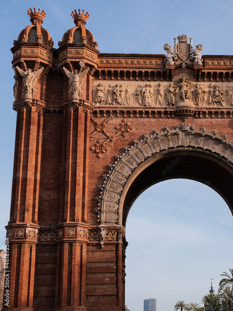 Monument in Barcelona. The arc de triomphe in the center of barcelona. triumphal arch close up. Arc de triomf