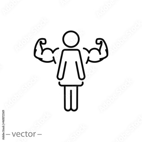 woman power icon, strong active girl, untapped potential female, she  motivation to be stronger, arm gain muscle, feminism concept, thin line symbol on white background - editable stroke vector illust