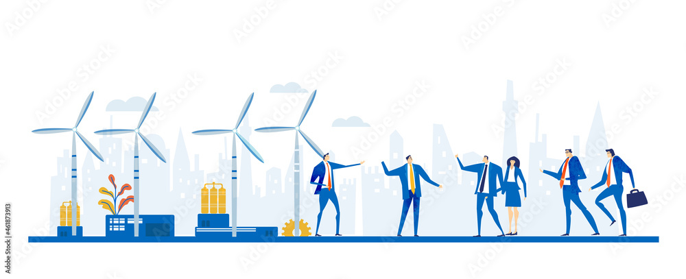 Alternative energy concept illustration, wind turbine generators. Business team talking and making decisions next to wing turbines.