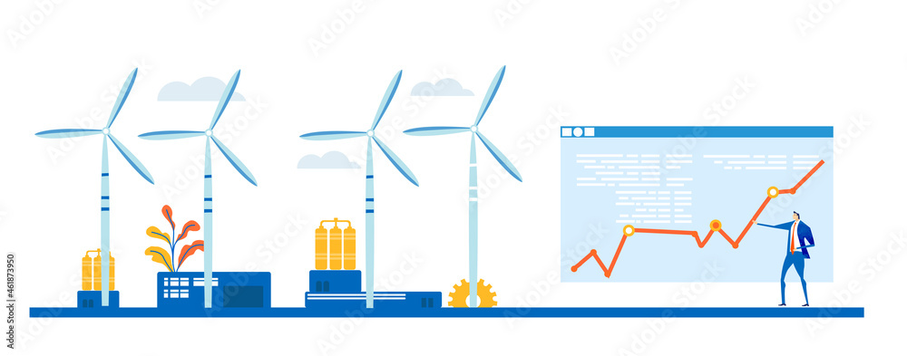 Alternative energy concept illustration, wind turbine generators. Business team talking and making decisions next to wing turbines. - obrazy, fototapety, plakaty 