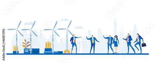 Alternative energy concept illustration, wind turbine generators. Business team talking and making decisions next to wing turbines.