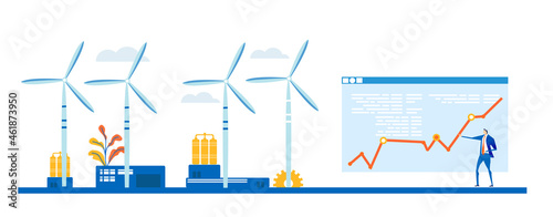 Alternative energy concept illustration, wind turbine generators. Business team talking and making decisions next to wing turbines.