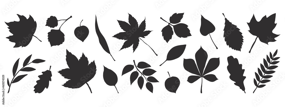Black autumn leaves. Decorative fall elements isolated on white background. Vector foliage silhouettes for greeting cards and posters - obrazy, fototapety, plakaty 