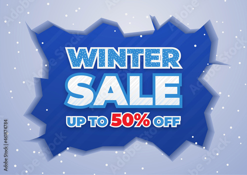 Winter sale banner template with falling snow on blue background. Seasonal holiday vector illustration for promotion