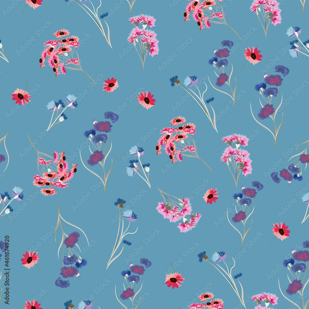 Beautiful rustic vector floral seamless pattern with pink flowers on blue