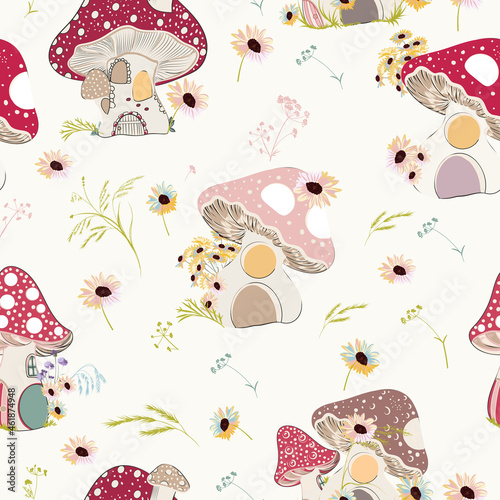 Beautiful rustic vector floral seamless pattern with pink flowers on blue