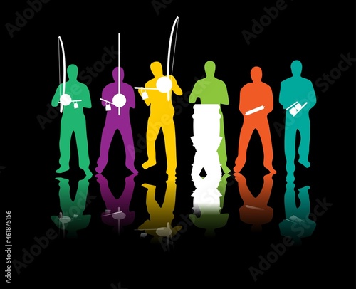 People playing capoeira music in a roda with instruments. Colorful vector illustration in black background with reflection and silhouette effect. photo