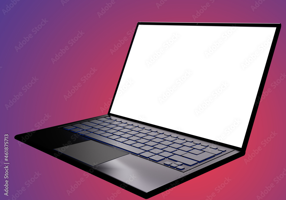 Laptop mockup with white screen. Notebook with blank screen. Black computer rendering. Laptop computer with white monitor. Notebook model with copy space. Laptop on multicolored gradient. 3d image Laptop mockup with white screen. Notebook with blank screen. Black computer rendering. Laptop computer with white monitor. Notebook model with copy space. Laptop on multicolored gradient. 3d image