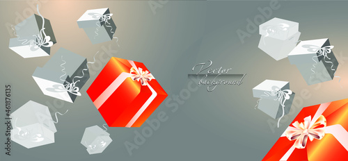 Monochrome background with gray gifts and 2 red boxes  