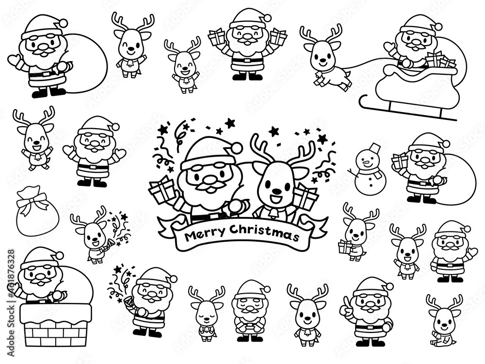 サンタクロースとトナカイのかわいいキャラクターセット(白黒)　cute santa claus and reindeer character vector illustration