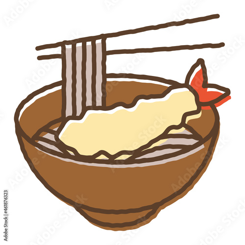 かわいい手描き風海老天蕎麦のアイコン　Cute hand-drawn soba noodles icon