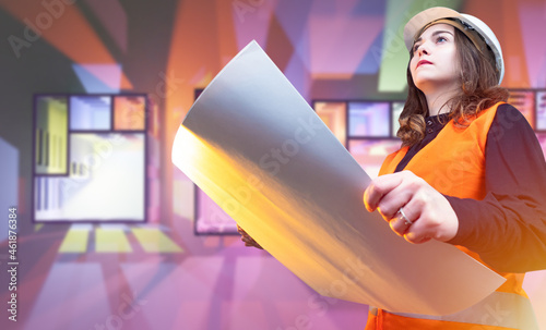 Builder woman. Woman engine...