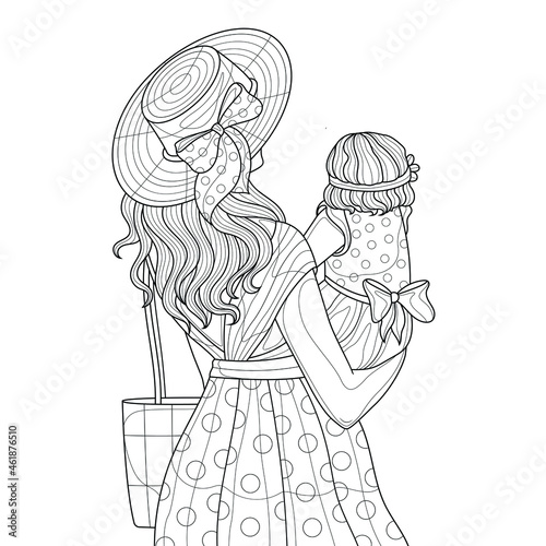 Mom with daughter in her arms.Coloring book antistress for children and adults. Illustration isolated on white background.Zen-tangle style.