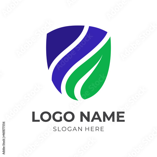 simple shield and leaf logo design template concept vector with flat blue and green color style photo