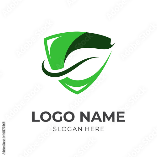 shield and leaf logo design template concept vector with flat green color style