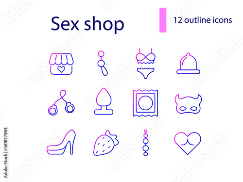 Sex shop outline icons set. Strawberry and lingerie. Erotic toys. Sexual accessoris. Isolated vector stock illustration