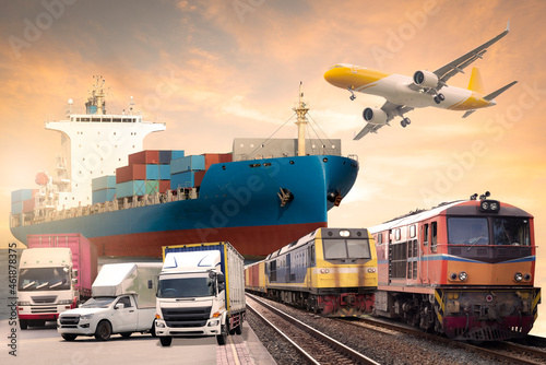 cargo plane flying above container dock and ship port use for transportation and freight logistic industry business