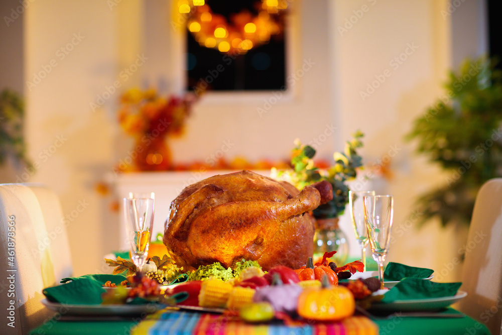 Thanksgiving family dinner. Roasted turkey meal.