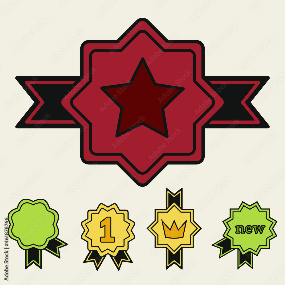 A set of sixteen multi-colored starburst icons with ribbons, sunburst in bright colors with a geometric pattern on a white background, an empty sign with an inscription, vector graphics A set of sixteen multi-colored starburst icons with ribbons, sunburst in bright colors with a geometric pattern on a white background, an empty sign with an inscription, vector graphics