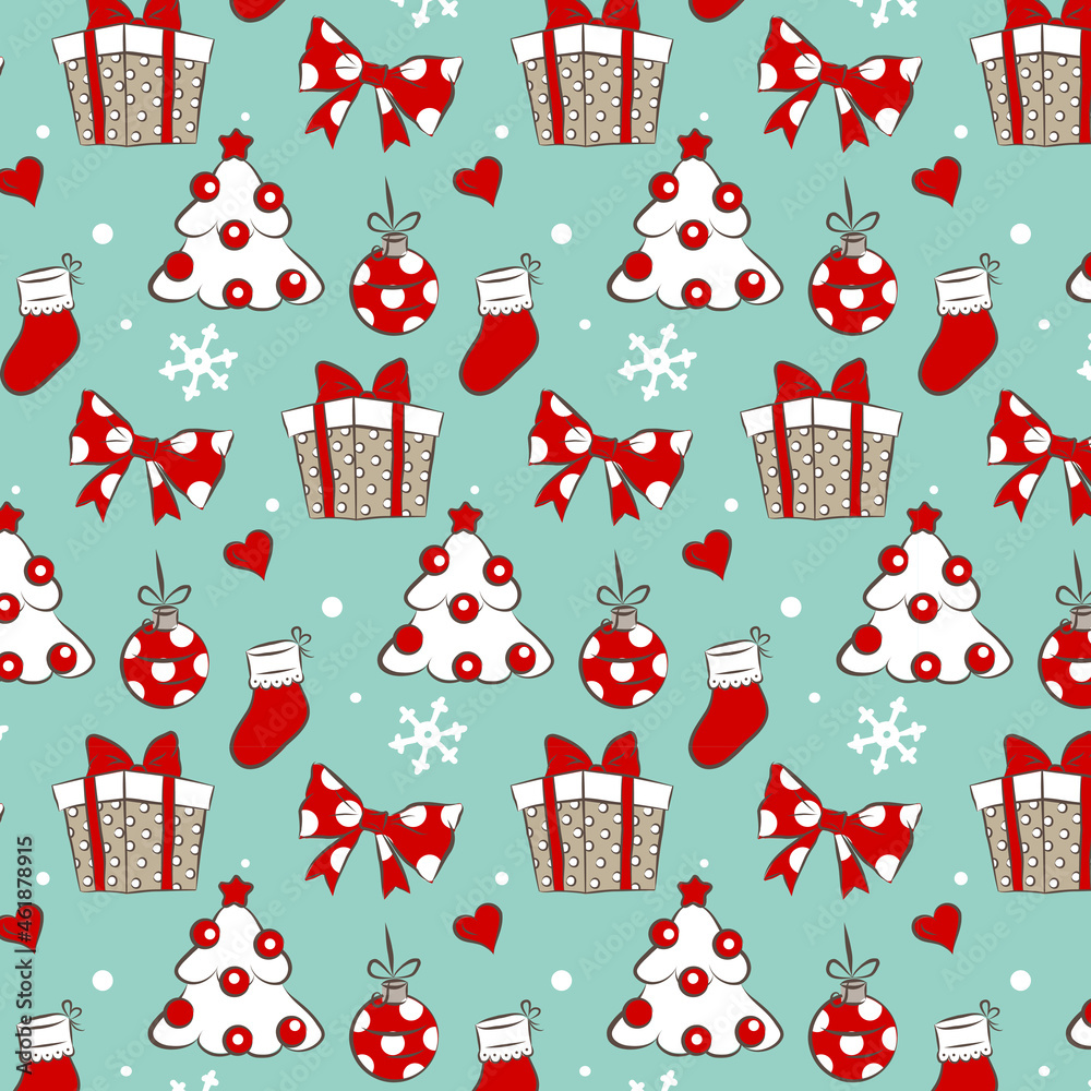 Seamless Christmas pattern with Christmas symbols: Christmas tree, gift, snowflake, sock, сhrismas ball. Background. For packaging, wallpaper, textiles. Vector. Seamless Christmas pattern with Christmas symbols: Christmas tree, gift, snowflake, sock, сhrismas ball. Background. For packaging, wallpaper, textiles. Vector.