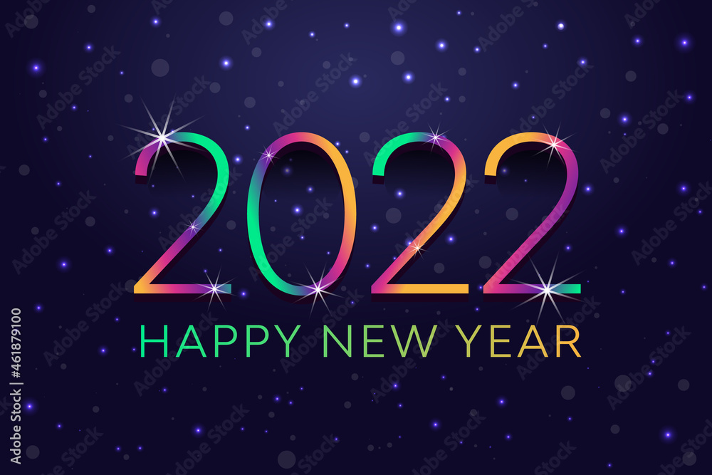 Colorful Dark Blue Night Sky Blinking Stars with Falling Snows Reveals Happy New Year 2022 Abstract