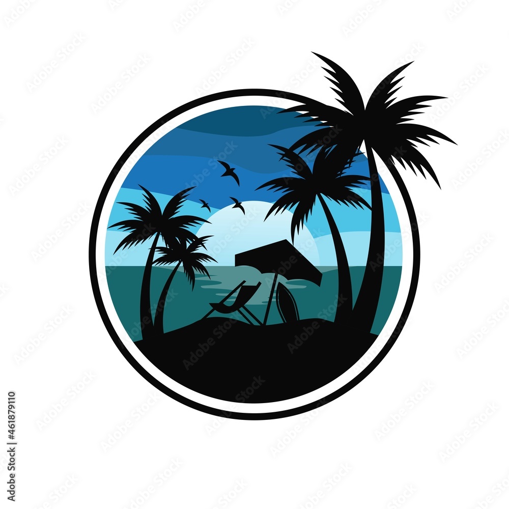 Beach, Sea, Sunset, logo design Vector illustration
