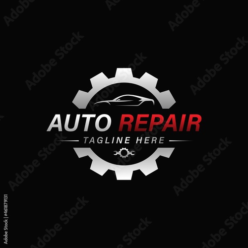 Car repair logo template. Car repairing vector design. Automobile and gear logotype