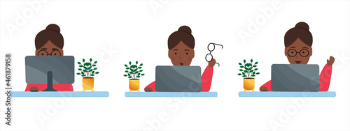 Set. African American woman wearing glasses sitting with laptop. Woman working with a computer. Workflow concept, freelance worker. African American girl sitting at the table, works, studies