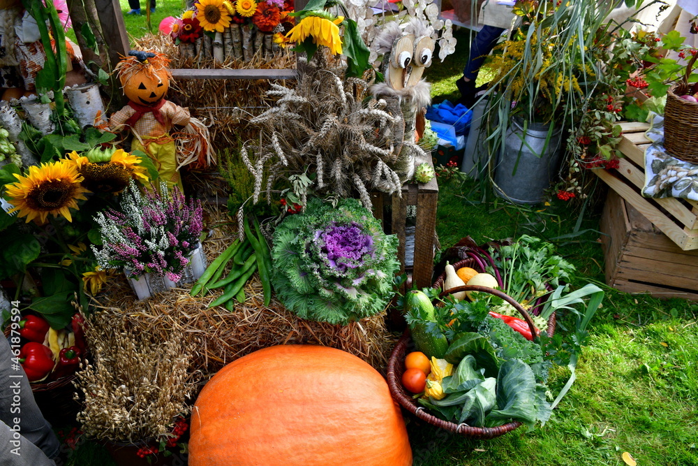 A view of a stall seen during a fair with some wicker baskets, fruits and vegetables, pumpkins, apples, and other decorative items showing the rural character of the region seen in summer in Poland
