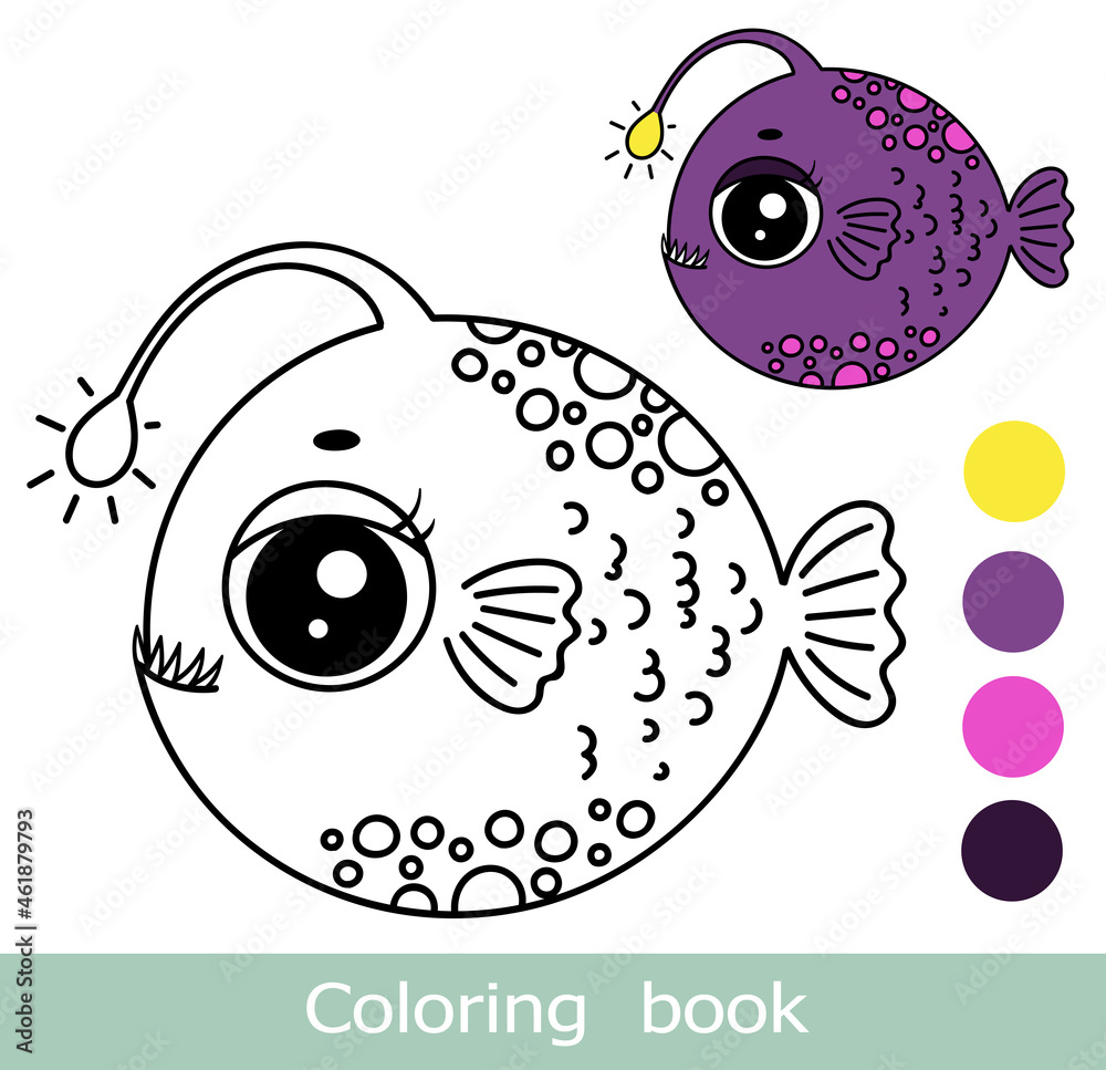 Cartoon fish coloring book page with colorful template. Cute Anglerfish