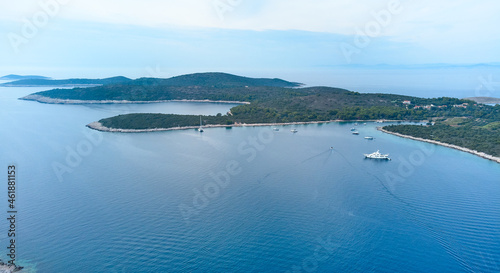 Aerial view of the coastline, coves and bays of the Croatian islands. Wonderful seascape. Travel concept. Copy space