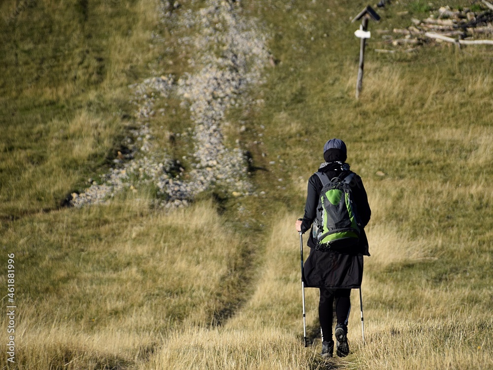 woman walking with hiking poles along a hiking trail woman walking with hiking poles along a hiking trail