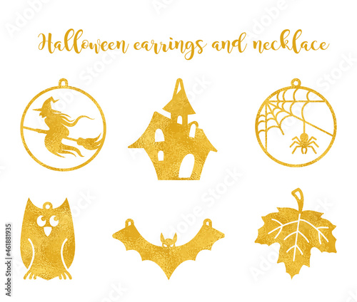 Set Halloween earrings jewellery laser cut. Witch earrings, Spider web earrings,Vector templates for cutting.
