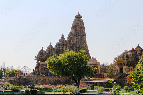 The Khajuraho Group of Monuments are a group of Hindu and Jain temples in Chhatarpur district, Madhya Pradesh, India, about 175 kilometres southeast of Jhansi. They are a UNESCO World Heritage Site.  photo