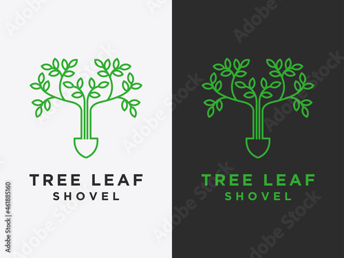 Leaf logo and simple shovel are linear style vector designs Set. - Vector 
