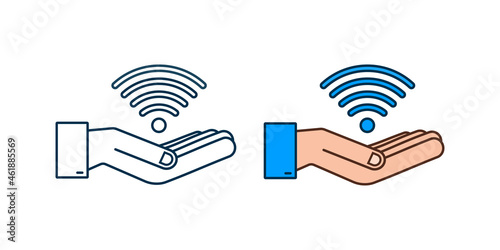 Free wifi zone blue sign in hands icon. Free wifi here sign concept. Vector illustration.