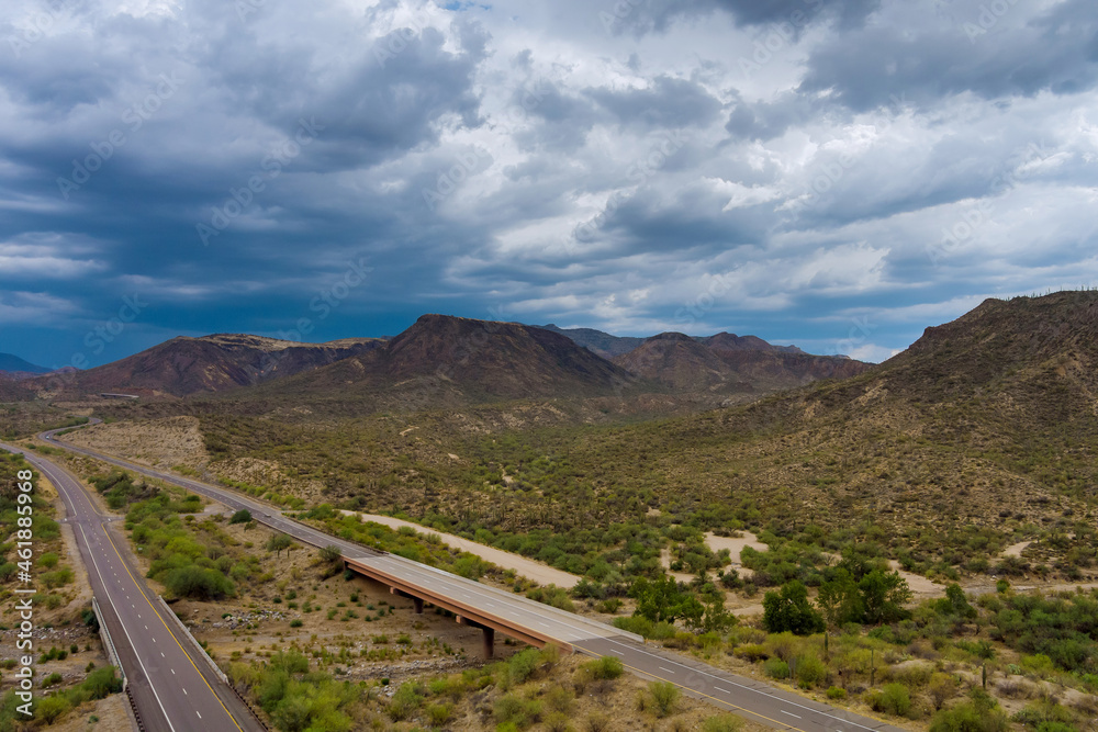 Panorama view of mountains desert in the middle of the highway of Arizona