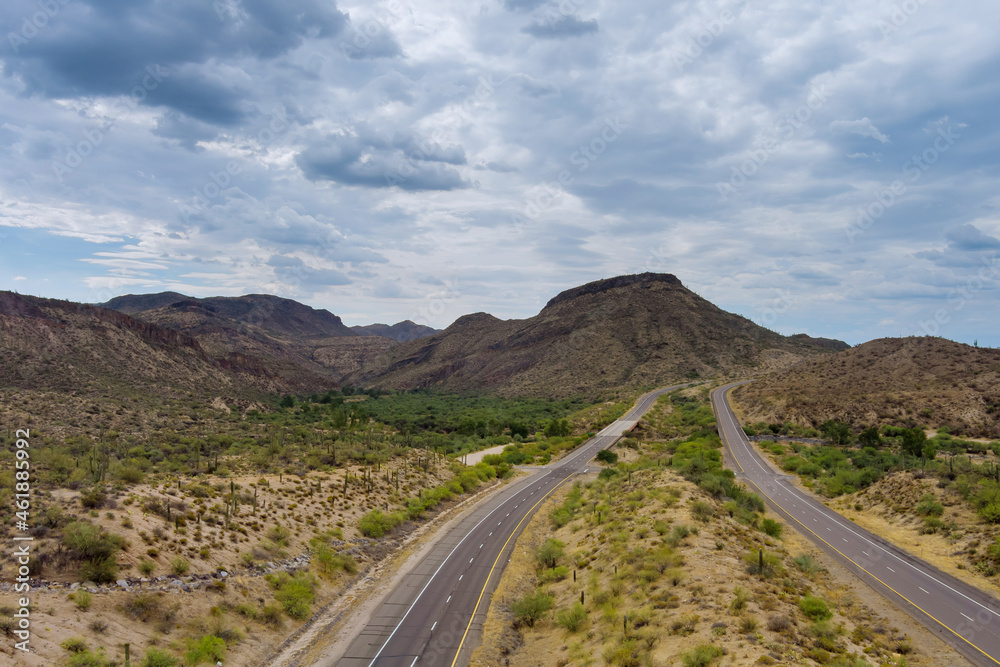 Aerial view rock mountains in the high desert of Arizona