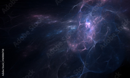 Celestial blue violet substance, membrane or cluster in fictional glowing starry space. Artistic digital 3d representation of abyss, far galaxies, deep subconscious or mind power. Great as print. 