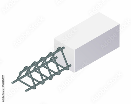 Isometric vector illustration tied rebar cage isolated on white background. Realistic steel reinforcement bars icon. Construction rebar. Steel rods used for reinforcing concrete. Building materials.
