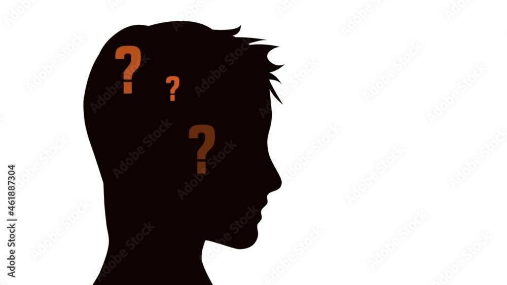 A person who asks himself questions. Human head in silhouette with question marks. Animated illustration A person who asks himself questions. Human head in silhouette with question marks. Animated illustration