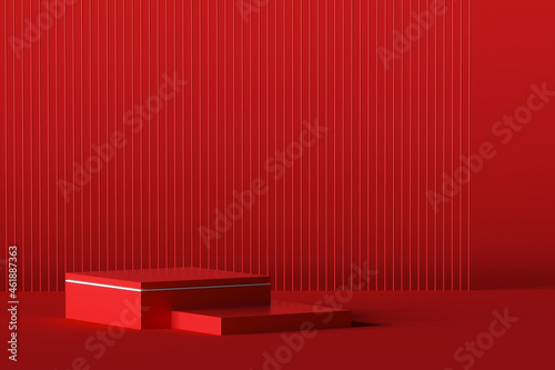 3d platform on red background. Podium for performance or presentation. Empty pedestal. 3d rendering © Myshkovskyi