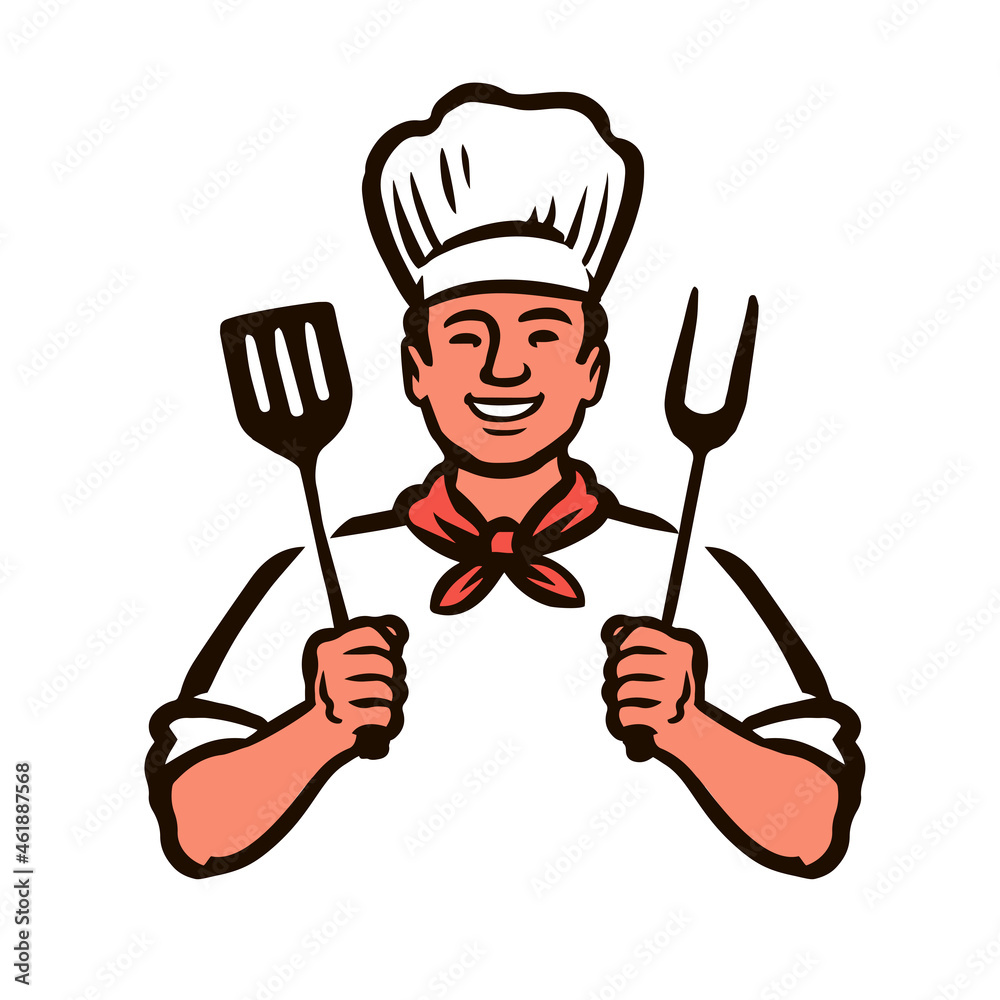 Cartoon Chef cook grilling steak, cooking fresh food. Barbecue vector illustration Cartoon Chef cook grilling steak, cooking fresh food. Barbecue vector illustration