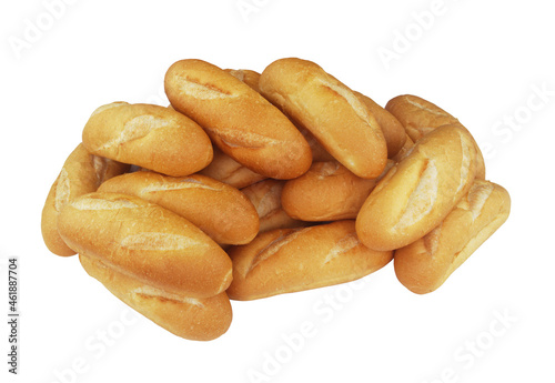 Many wheat bread buns isolated on white background